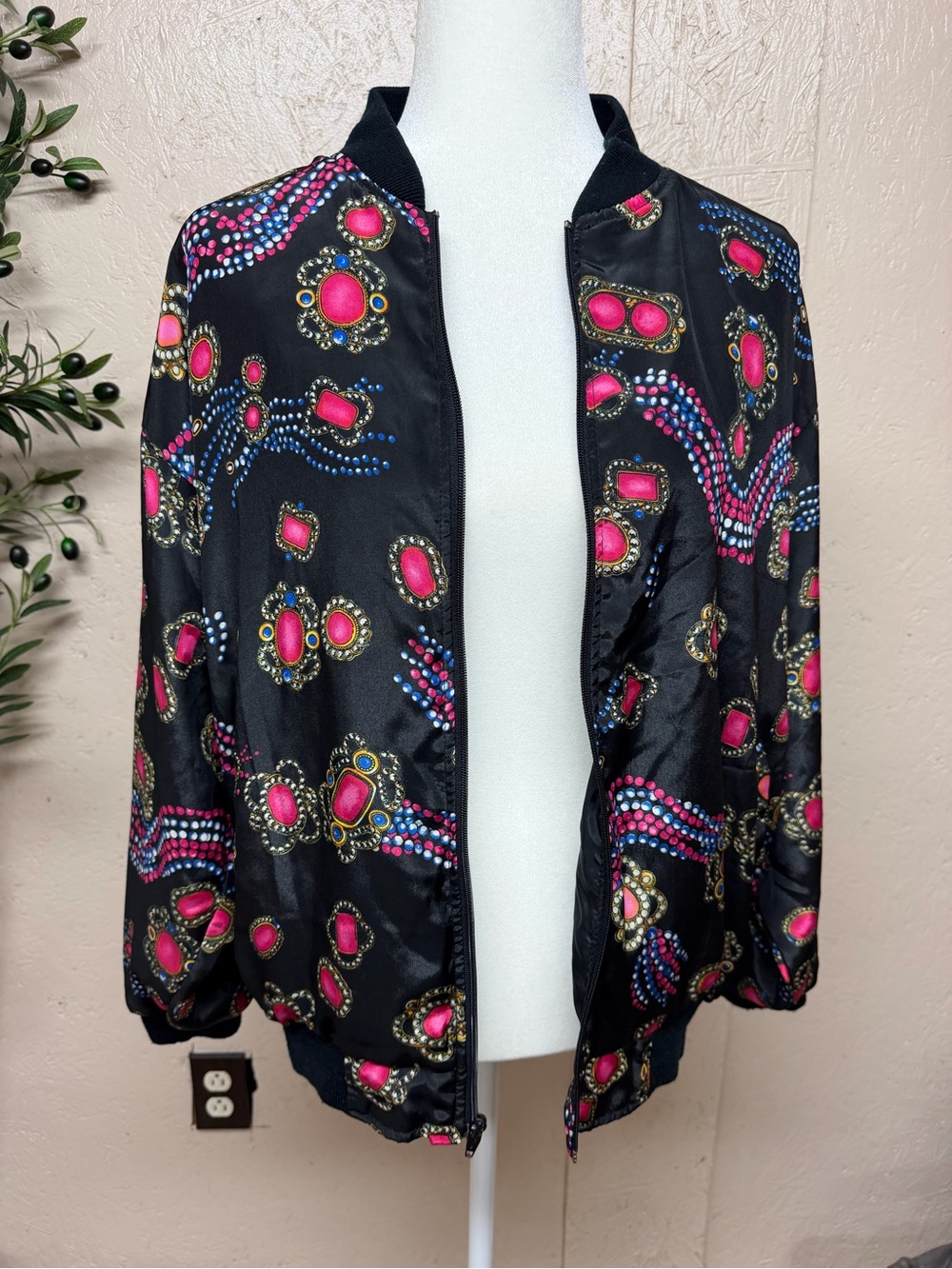 Black Bomber Jacket with Pink Jewel Print